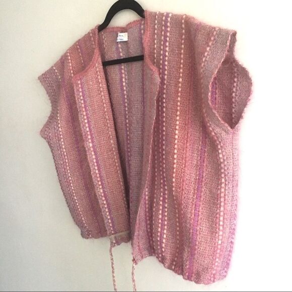 HAND KNIT Boho Sleeveless Cardigan Sweater Tie Waist Pink Purple One Size - Picture 6 of 11